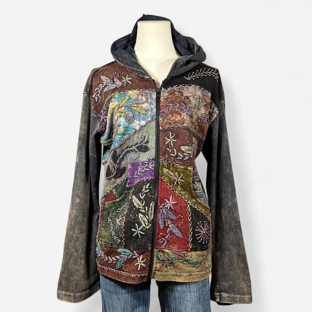 Patchwork Zip Up Hoodie Embroidered Floral Boho Womens L Made In Nepal